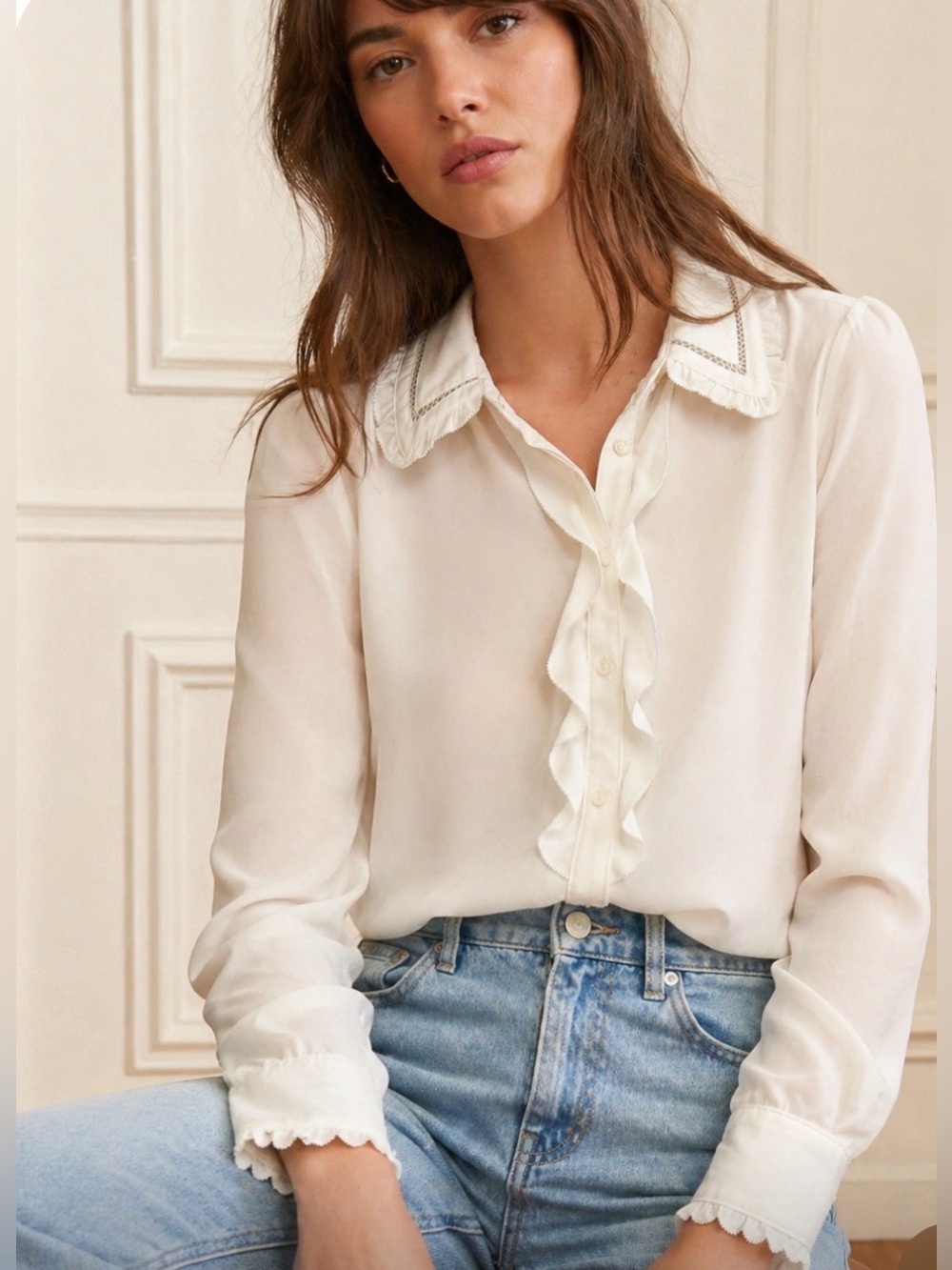✨Aritzia Sunday Best Scarlett Blouse | Romantic Ruffle Button-Up, XS